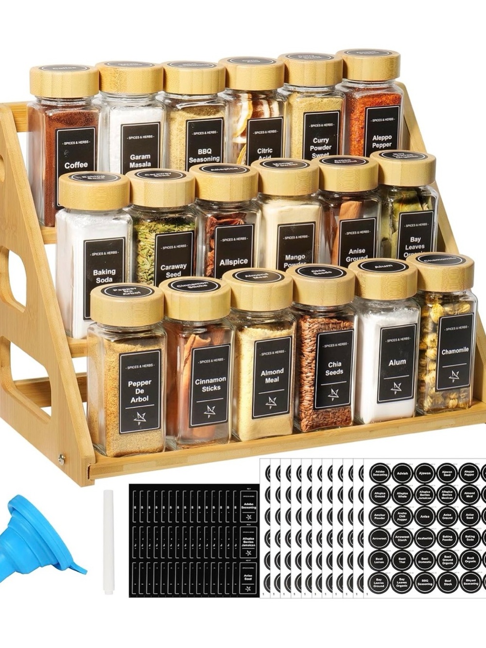 3-Tier Bamboo Spice Rack with
18 Glass Jars and Labels